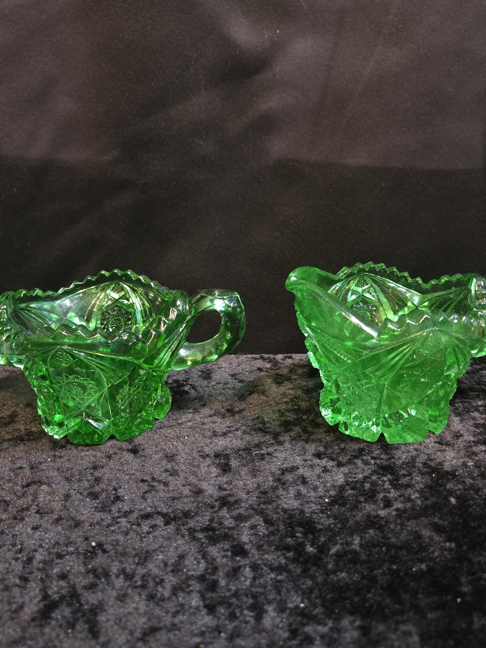 EAPG IMPERIAL GLASS EMERALD GREEN "WHIRLING STAR" SUGAR and CREAMER